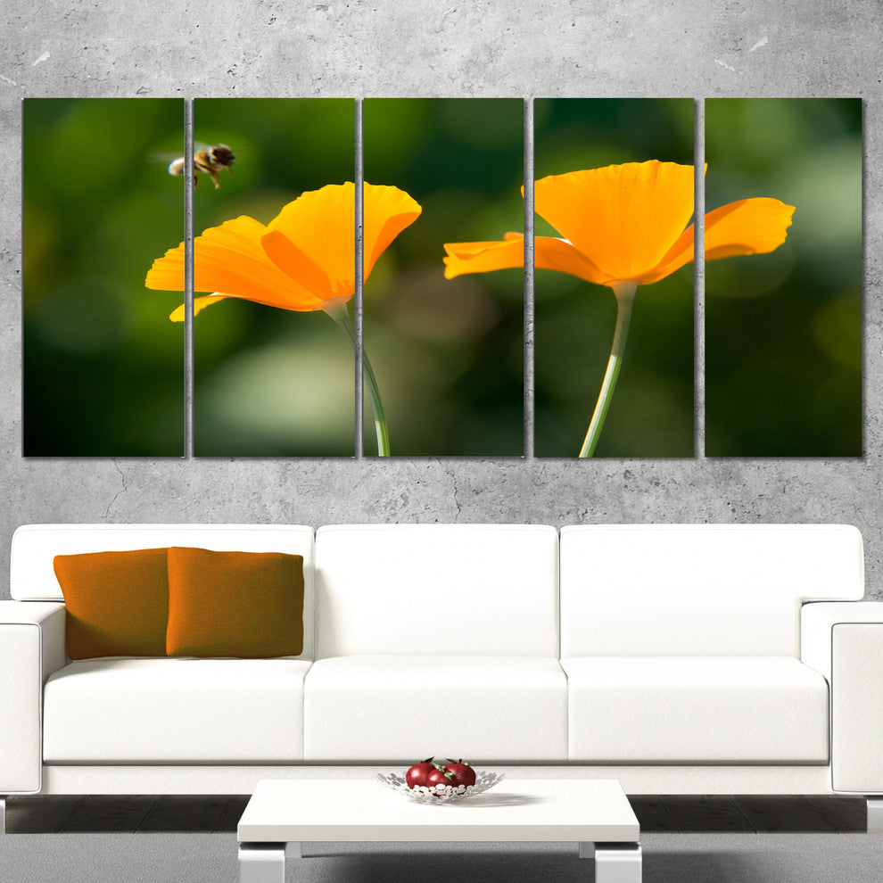 Orange Flowers and Flying Bee, Floral Canvas Art Print, 60"x28", 5 Panels