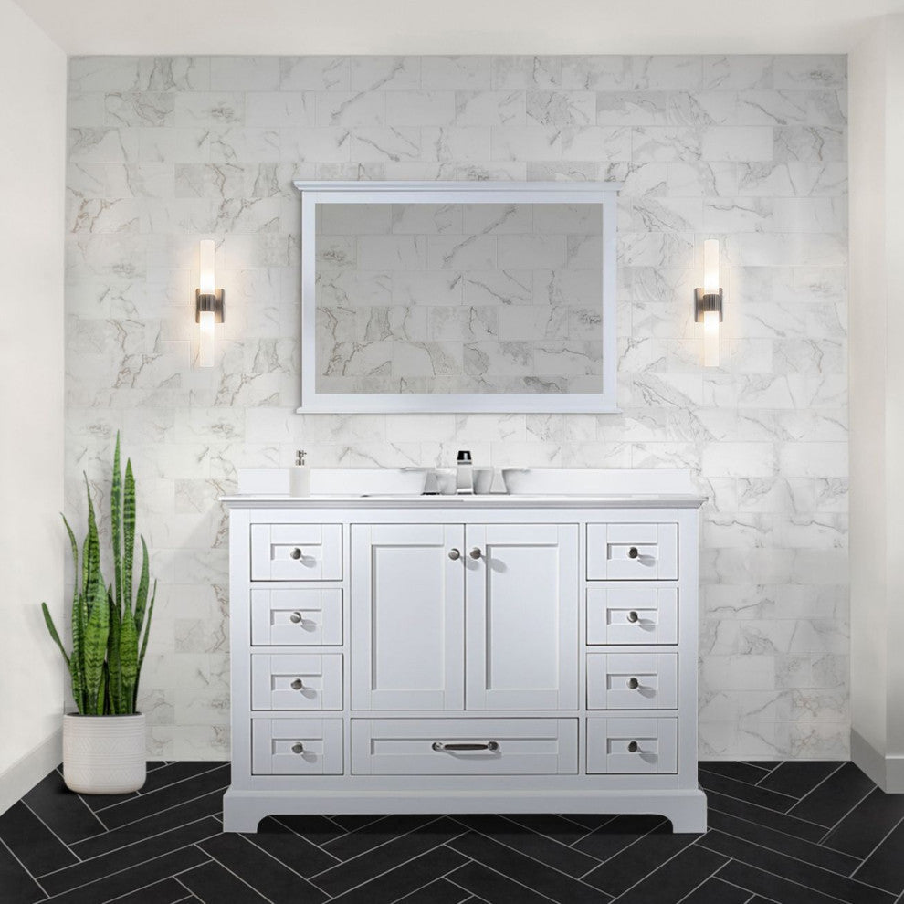 Dukes 48" White Single Square Sink Vanity with Quartz Top, With Mirror and Fauce