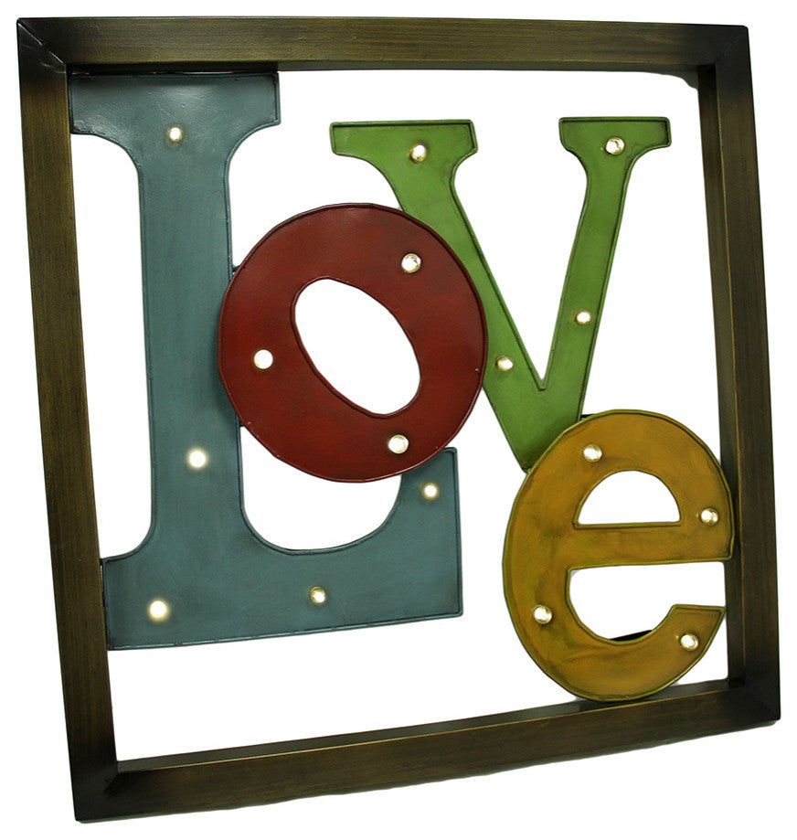 Colorful LED lighted Metal Framed LOVE Wall Sculpture