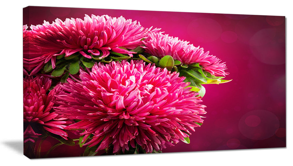 Pink Flowers of Asters on Red, Flowers Canvas Wall Artwork, 32"x16"