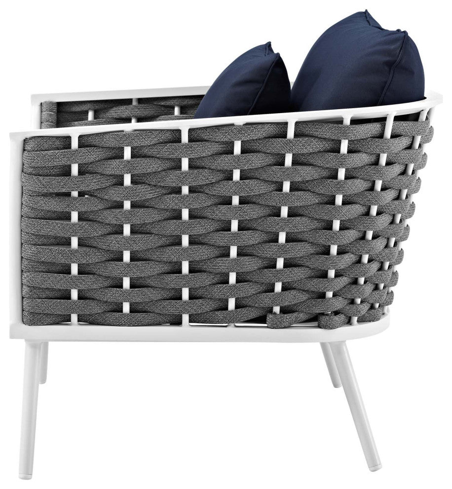 Modern Outdoor Sofa, Chair and Coffee Table Set, Aluminum Fabric, Navy White