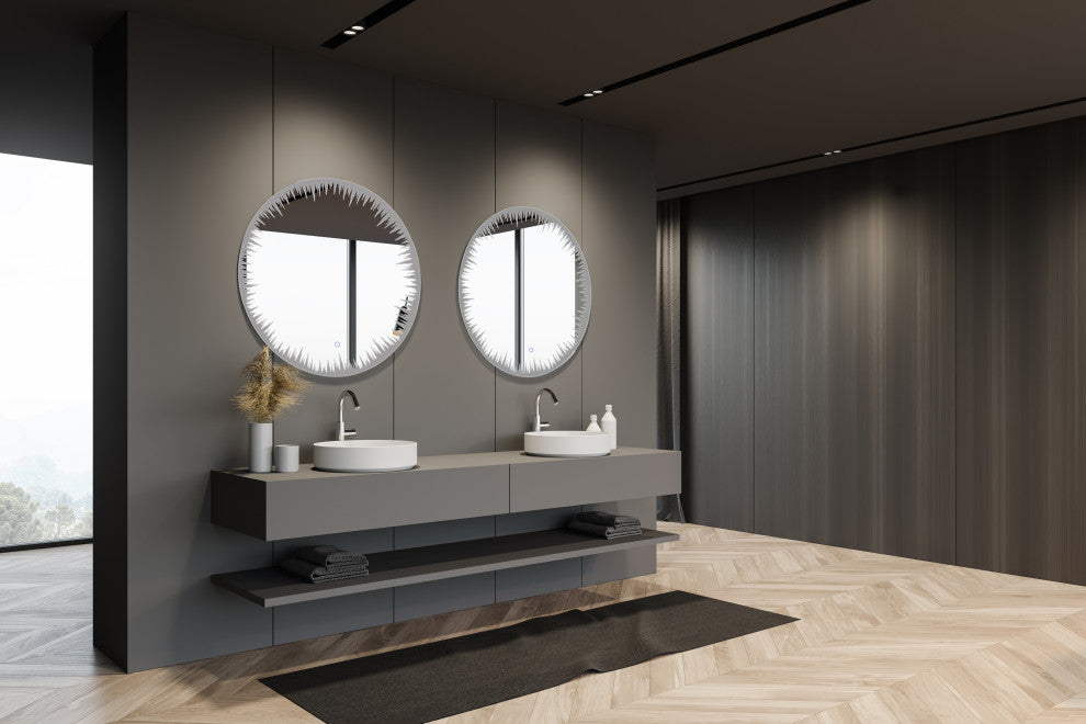 36" Flame, LED Lighted Round Mirror With Dimmer, Defogger, Touch Control.