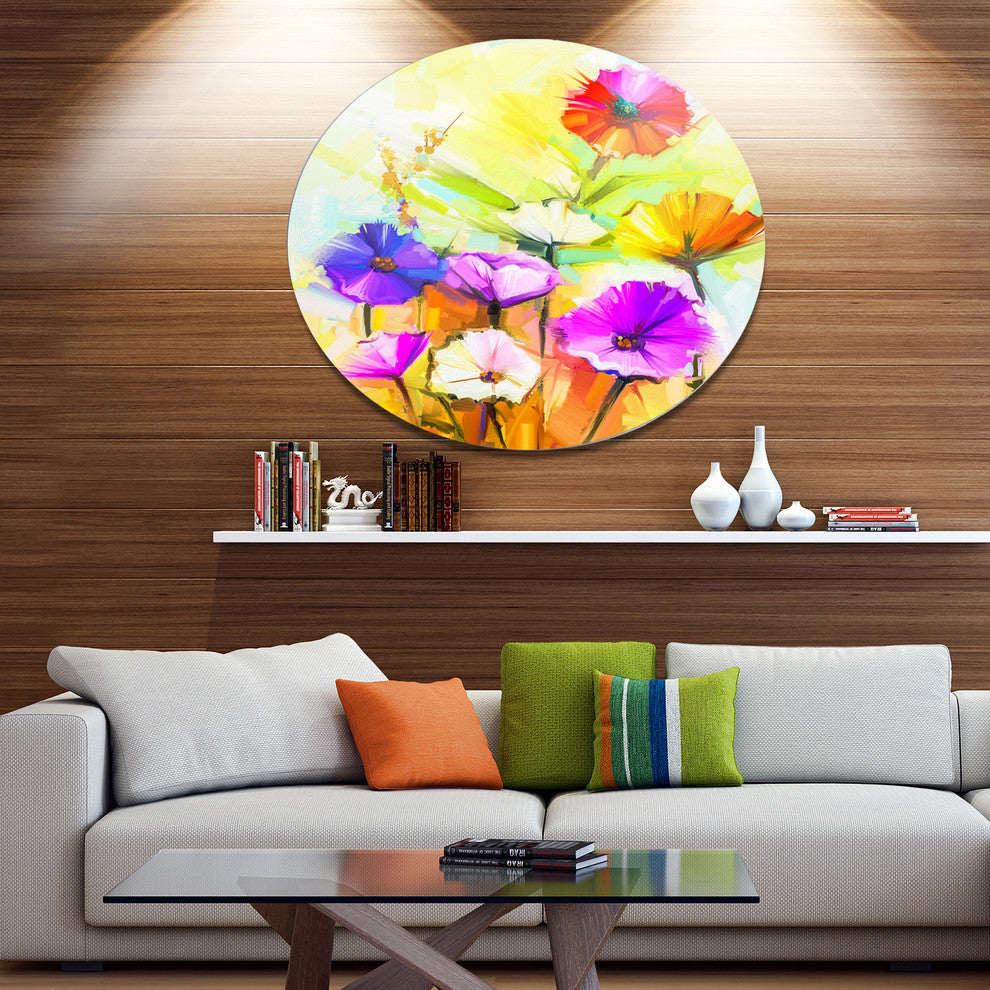 Colorful Gerbera Flowers Painting, Floral Disc Metal Wall Art, 36"