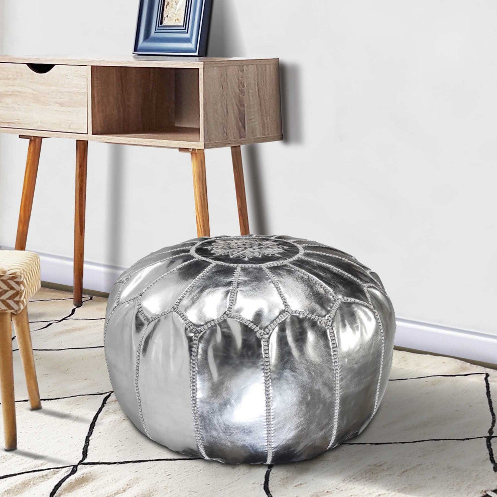 Handmade Moroccan Ottoman, PU Leather Pouf, Silver