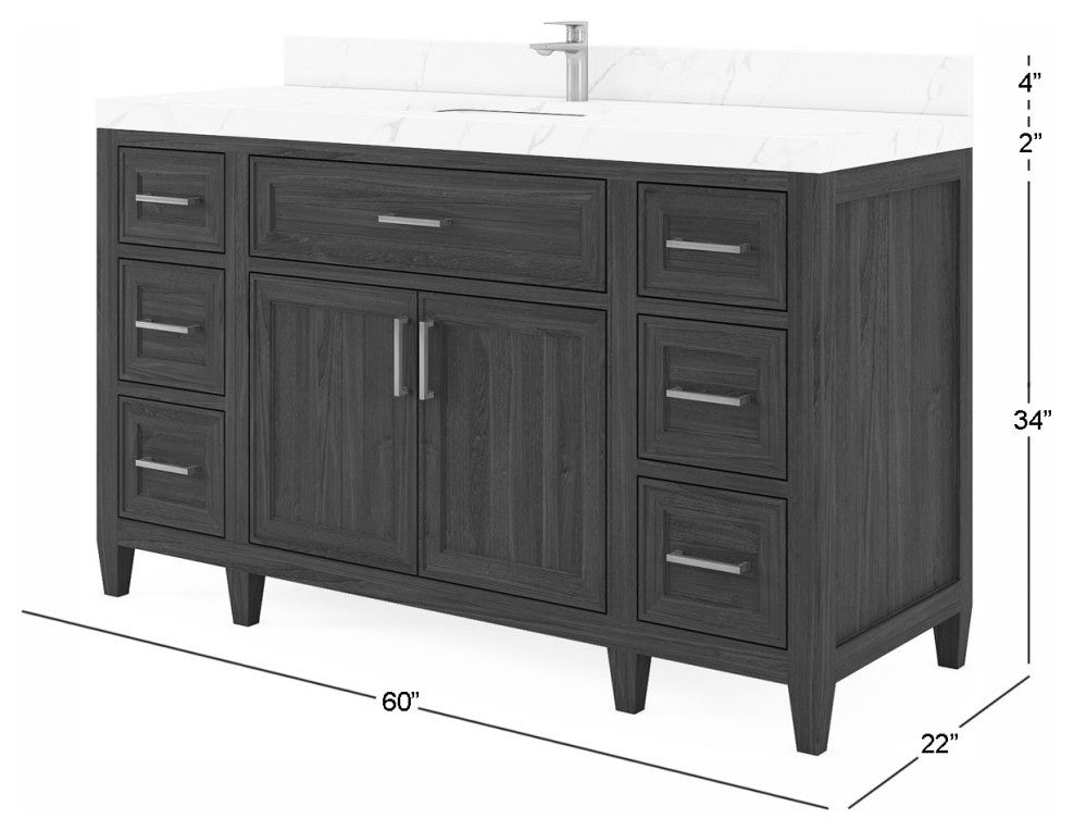Santa Monica 60 Single Sink Bathroom Vanity in Whitewashed Teak 2" White Quartz