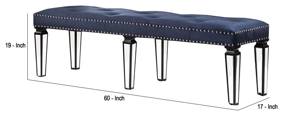 Benzara BM269606 Bench With Button Tufting and Mirror Tapered Legs, Blue