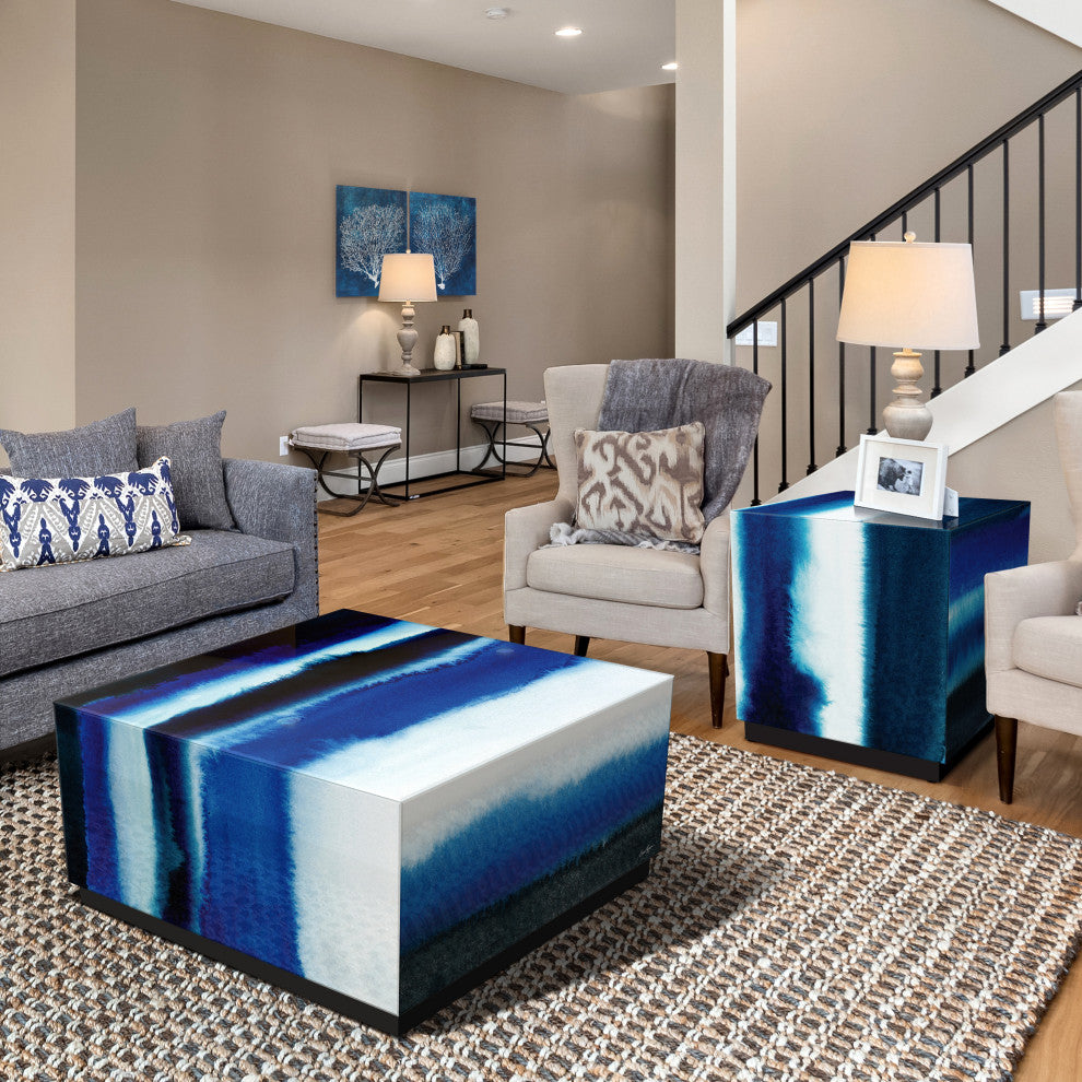 "Blue Run Off" Reverse Printed Glass Side Table with Black Plinth Base Set of 2