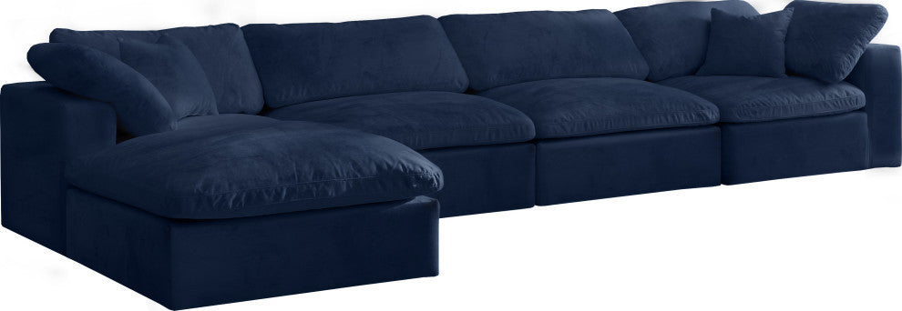 Cozy Velvet Upholstered Comfort L-Shaped Modular Sectional, Navy, 5-Piece: 2 Armless Chair, 2 Corner Chair, 1 Ottoman