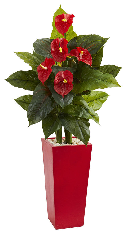 53" Anthurium Artificial Plant, Red Tower Vase(Real Touch