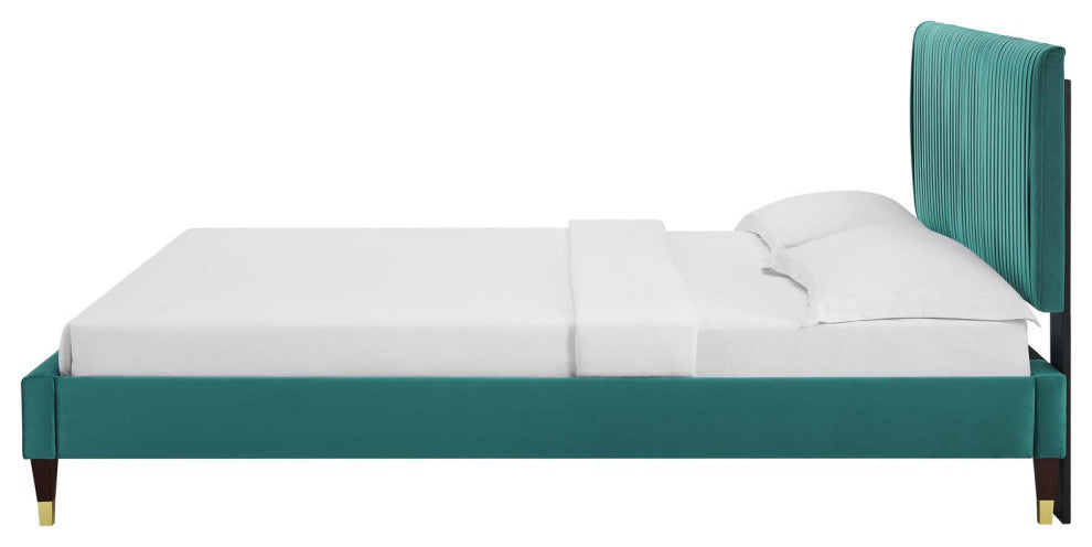 Platform Bed Frame, Full Size, Velvet, Teal Blue, Modern Contemporary, Bedroom