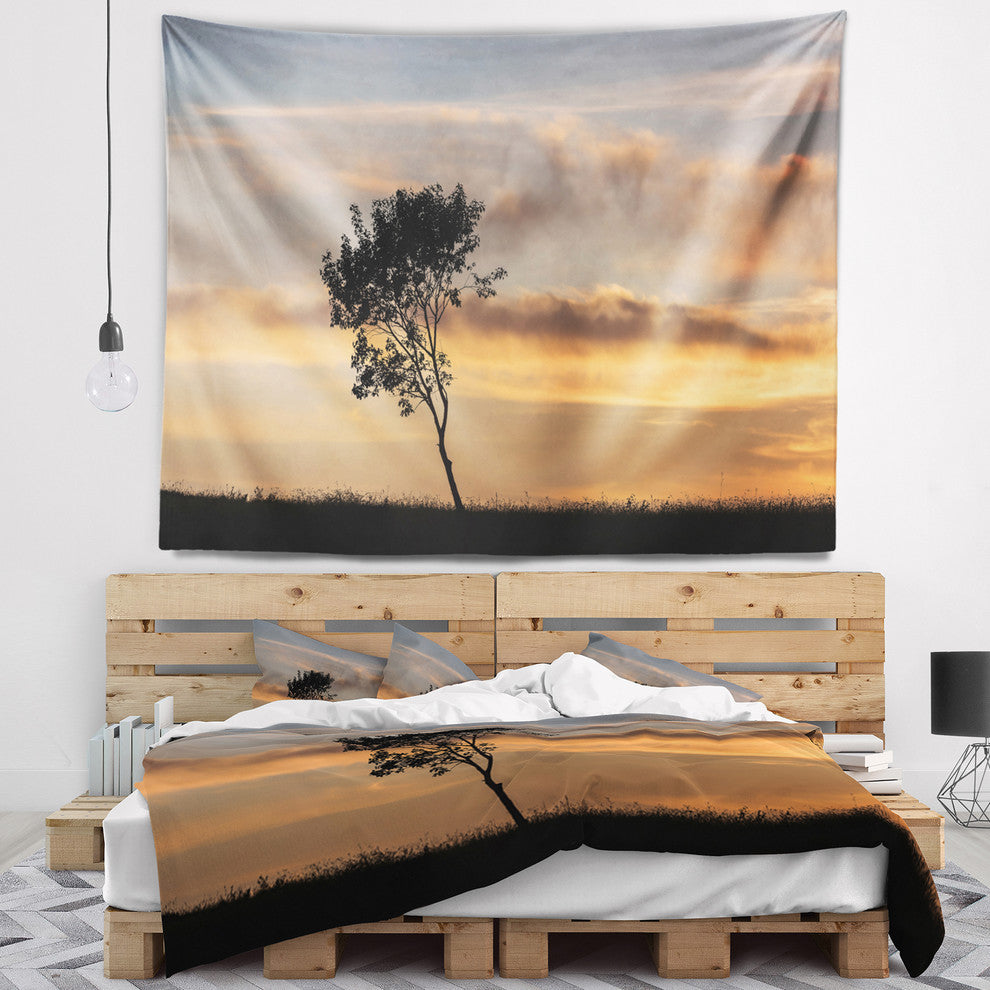 Lonely Tree Silhouette Leftwards Landscape Wall Tapestry, 39"x32"