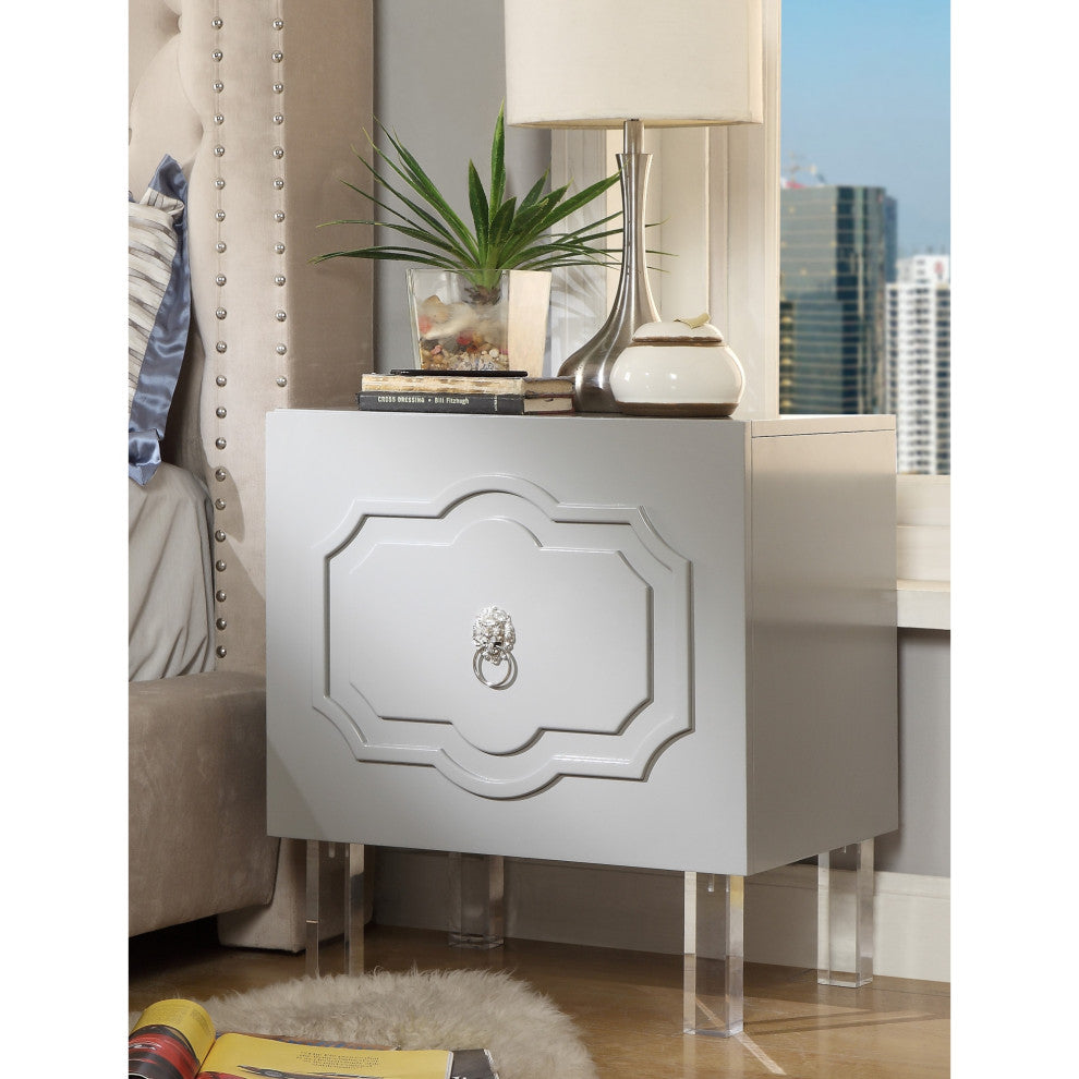 Molly Lacquer-Finish Chrome Ornament Handle Lucite Leg Side Table, Light Gray