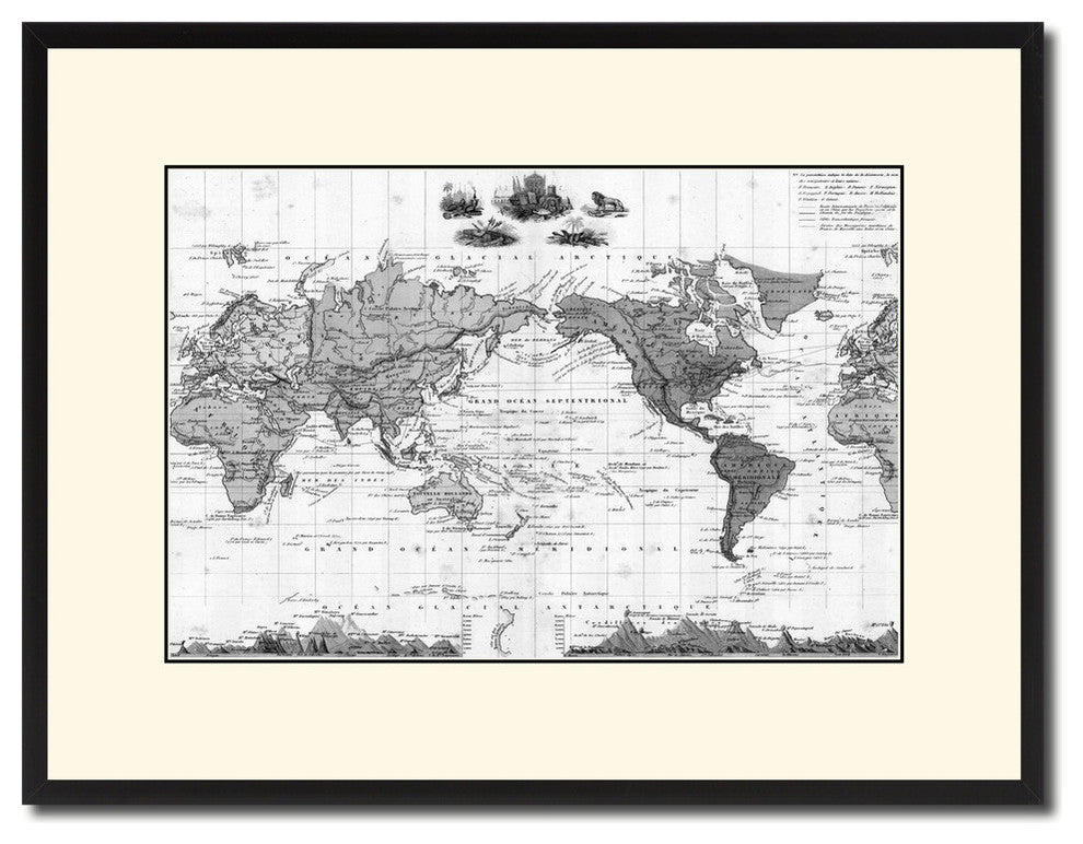 World Vintage Antique Map Print On Canvas With Black Custom Frame, 16"X21"