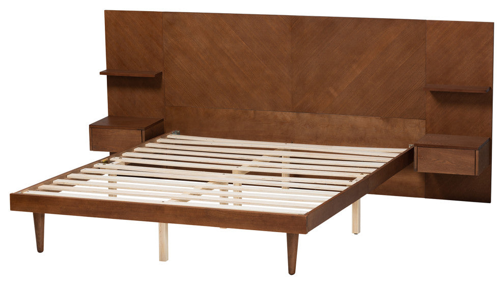 Graham Ash Walnut Wood Queen Size Platform Storage Bed with Built-In Nightstands