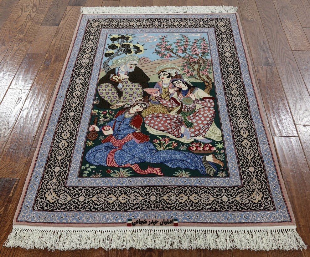 Pictorial Scene Persian Hand Knotted Wool and Silk Signed Isfahan Rug, 4x5