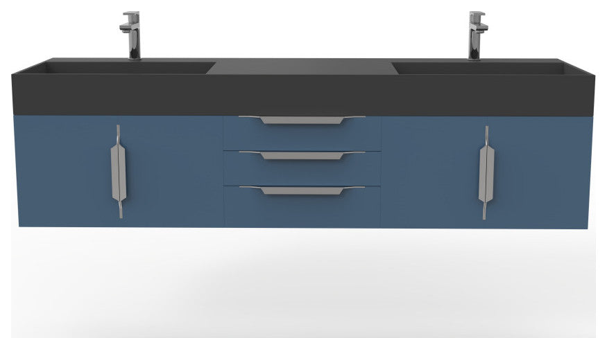 CastelloUSA Amazon 72" Wall Mounted Vanity Set, Blue, Black Top, Chrome Handles