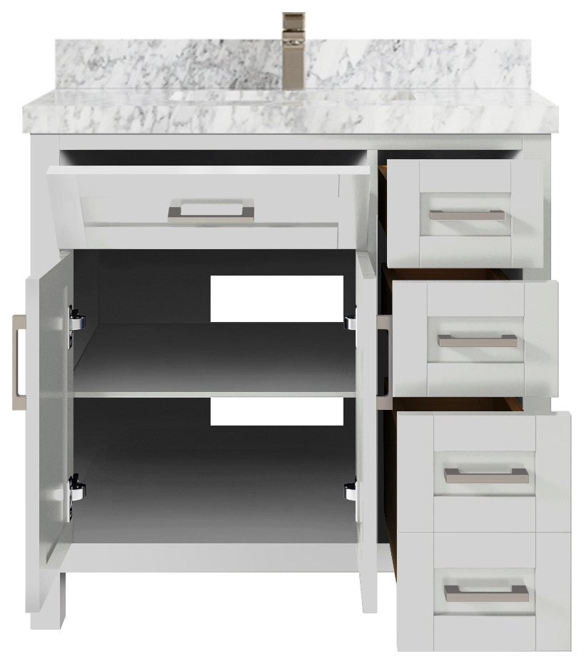 Cambridge 36 Center Sink Bath Vanity in Coventry Gray 2" Carrara Marble