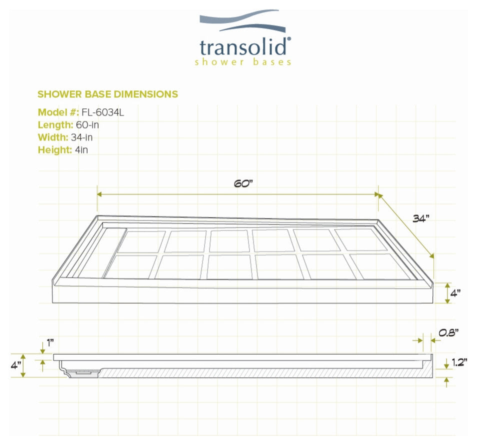 Transolid Linear 60"x34" Rectangular Alcove Shower Base with Left Hand Drain, White, Left Hand