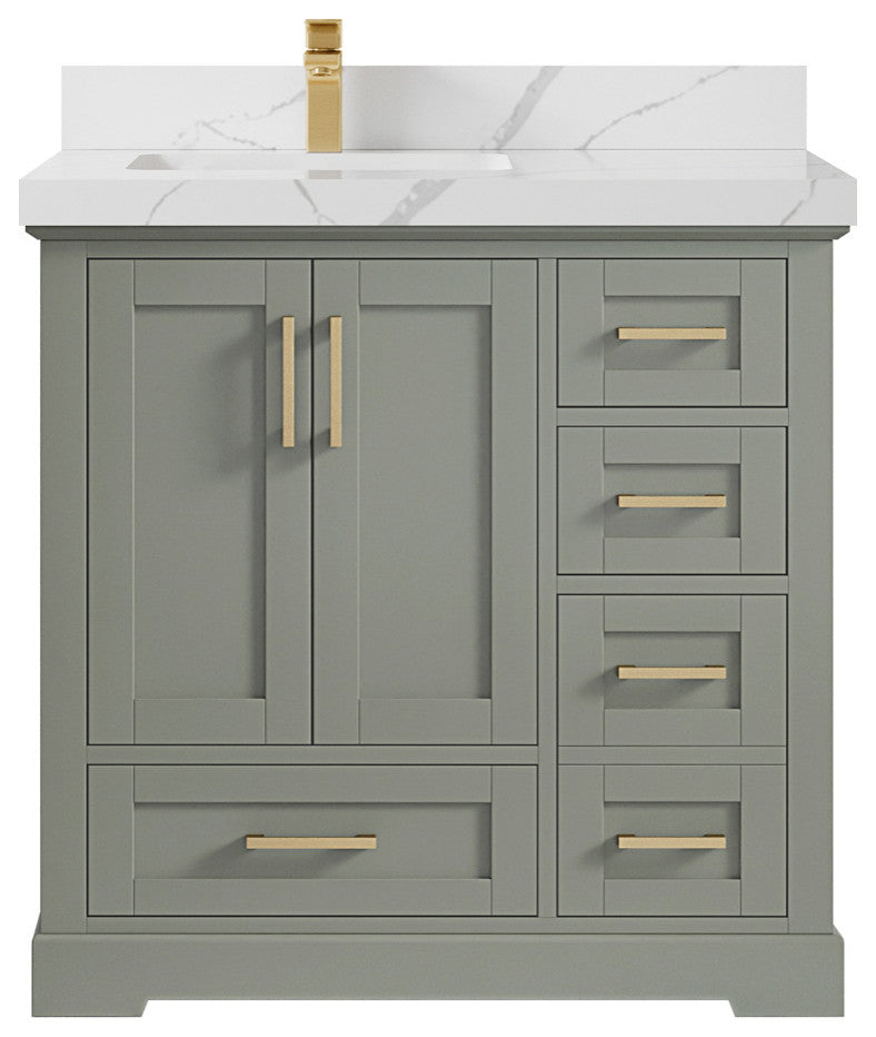 Boston 36 Left Offset Bath Vanity in Evergreen 2" Calacatta Laza
