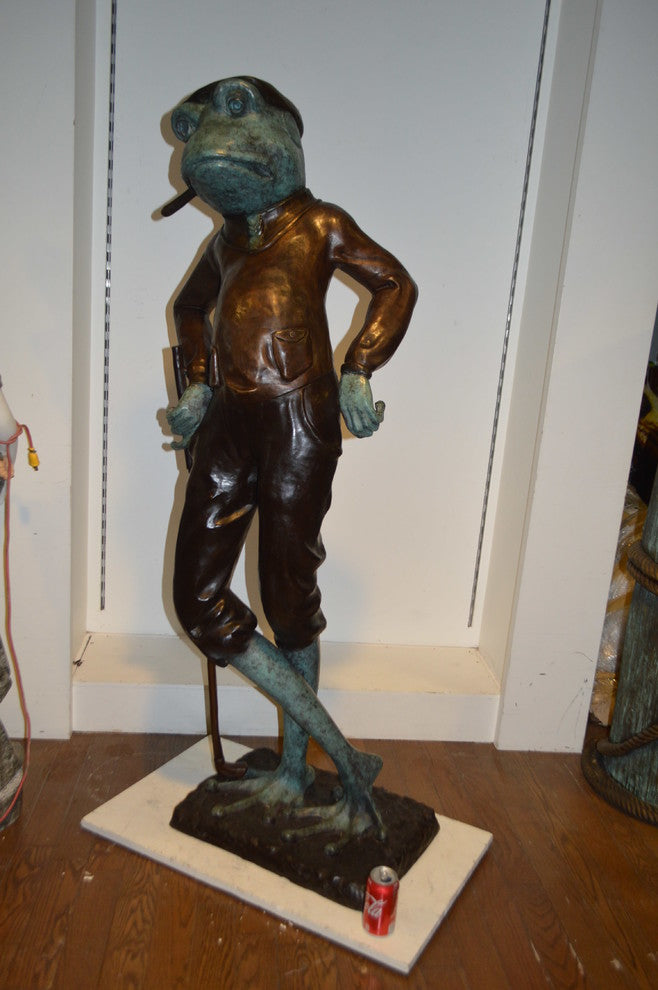 Frog With Cigar Plays Golf Bronze Statue -  Size: 24"L x 15"W x 64"H.