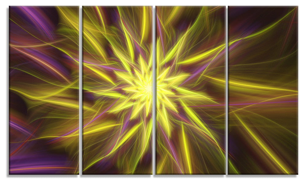 Shining Golden Exotic Fractal Flower, Floral Canvas Art Print, 48"x28", 4 Panels