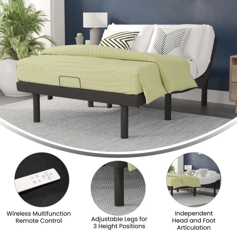 Selene Adjustable Upholstered Bed Base with Wireless Remote, Black, Queen