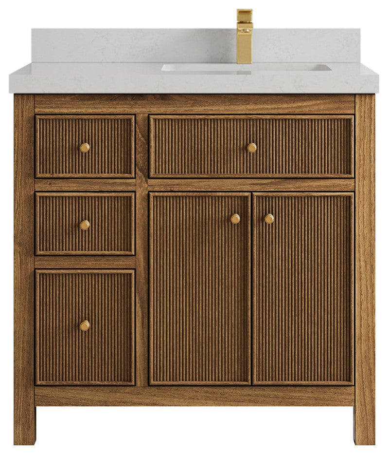 Sonoma Teak 36 Right Offset Bath Vanity in Dark Natural with 2" Carrara Quartz