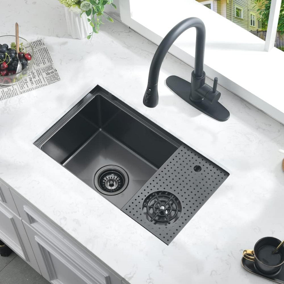 Bronstarz 24 Inch Nano Black Undermount Bar Sink with Glass Rinser