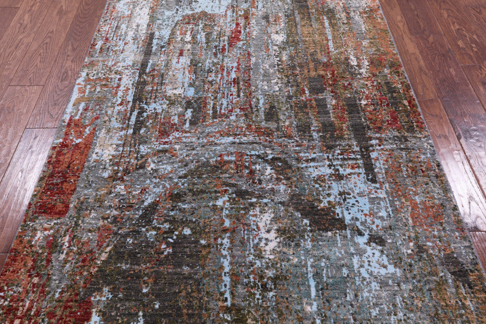 4' 0" X 6' 1" Modern Bridge Design Handmade Wool and Silk Rug Q8896
