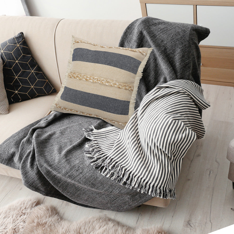 Atlantis Coastal Striped Throw Pillow with Jute Braiding and Fringe, 20" X 20"