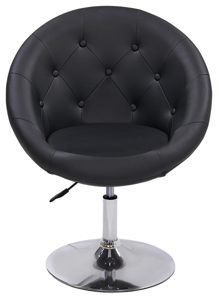 Button Tufted Swivel PU Leather Papasan Chair, Black