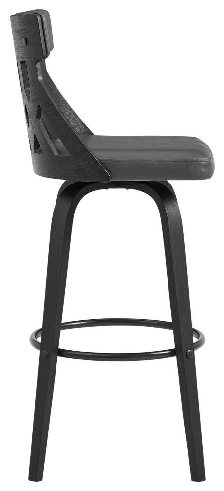 26" Grey Fauz Leather Curved Back Walnut Wood Swivel Bar Stool