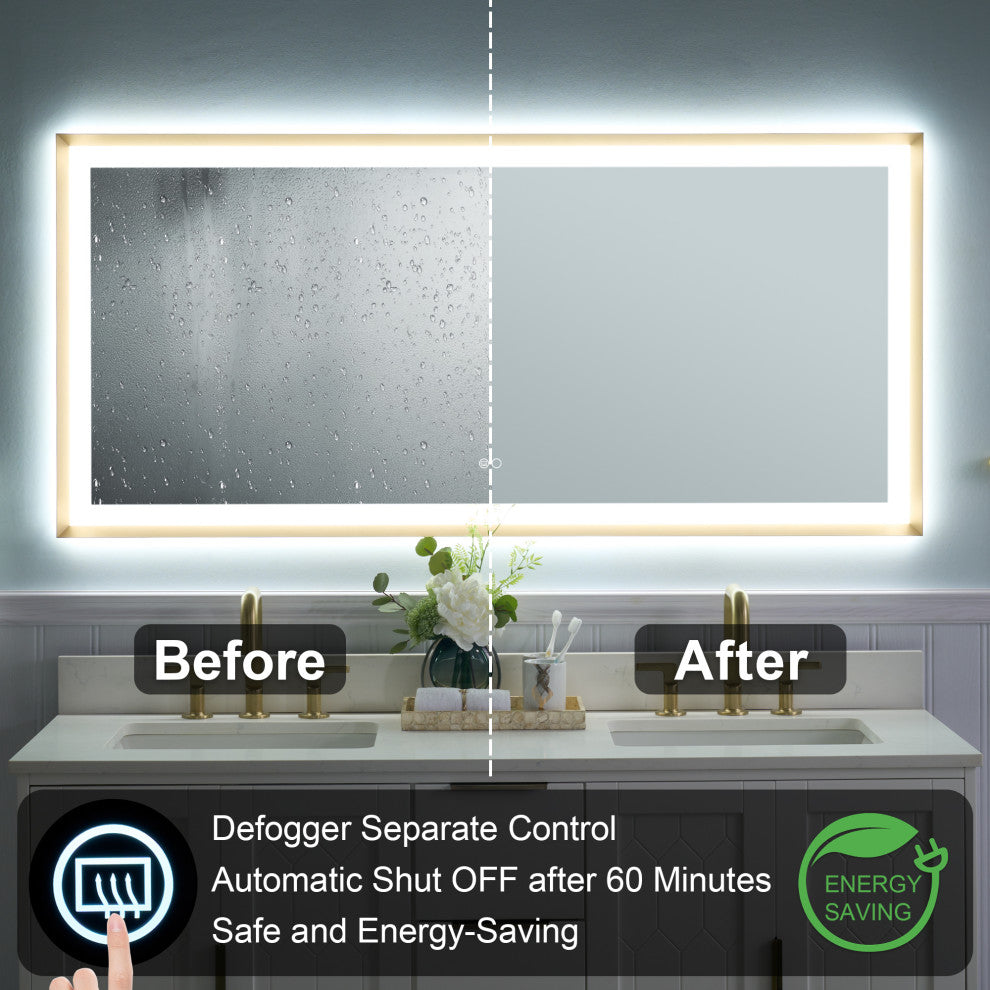 Beveled Bathroom LED Mirror Framed, Backlit and Front Light, Gold, 60"x28"