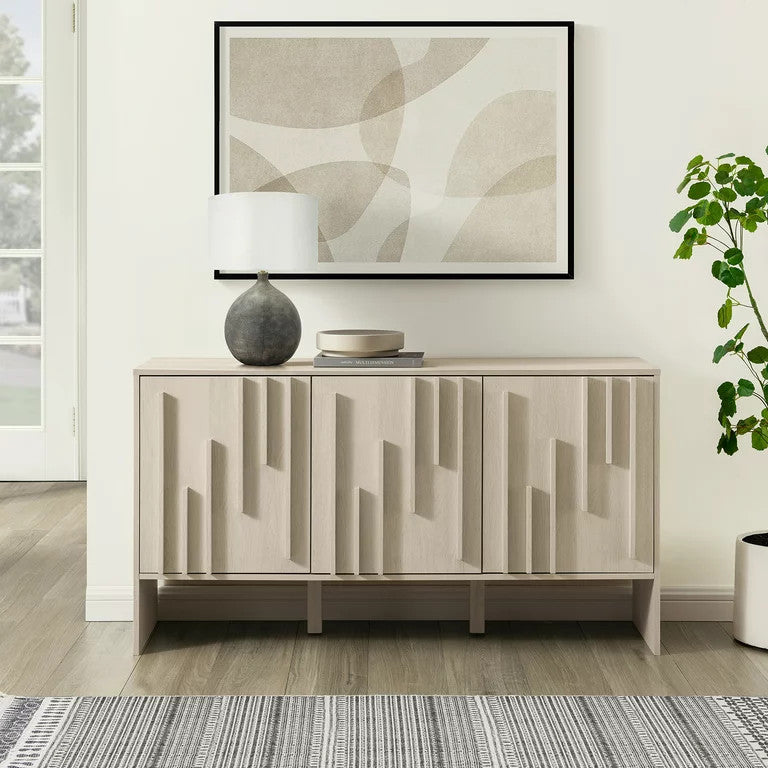 Contemporary Sideboard, Unique Design With Vertical Accented Front, Ivory Oak
