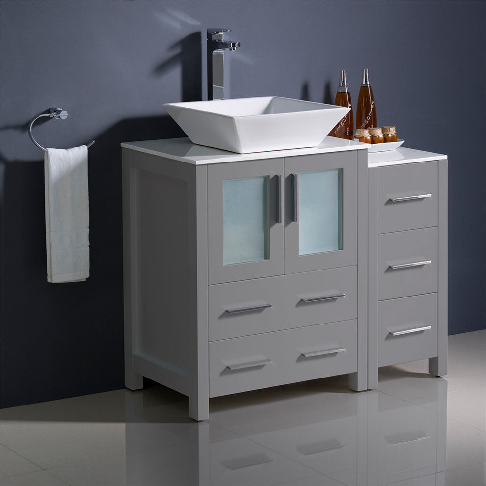 Torino Modern Bathroom Cabinets With Top and Vessel Sink, Gray, 36"