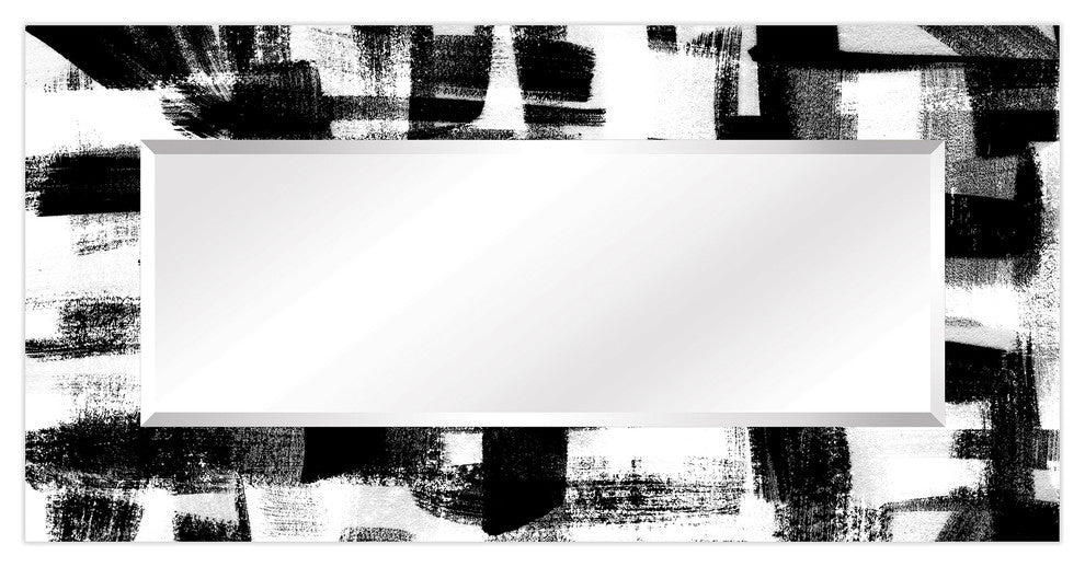 Abstract Rectangular Beveled Wall Mirror on Free Floating Printed Tempered Glass