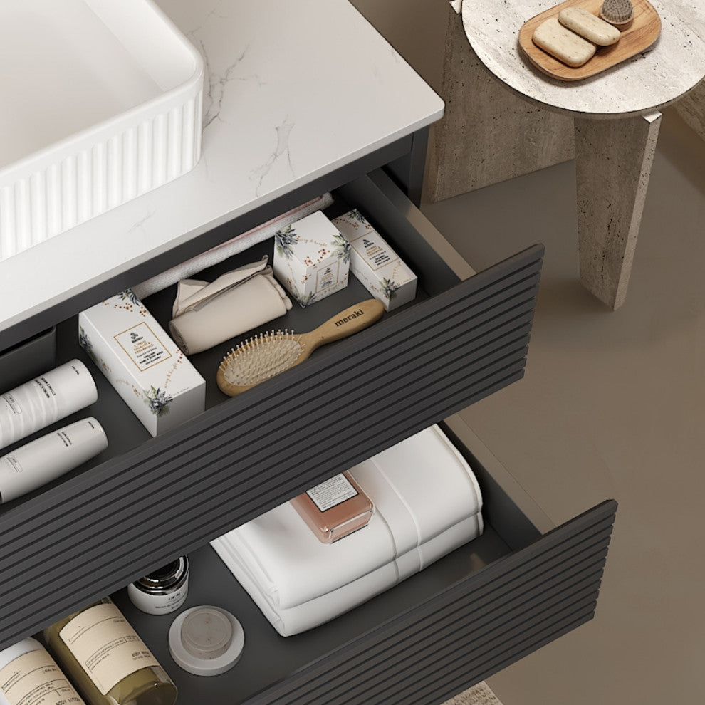 Modern Wall-Mounted Plywood Bathroom Cabinet with White Ceramic Basin, 36"