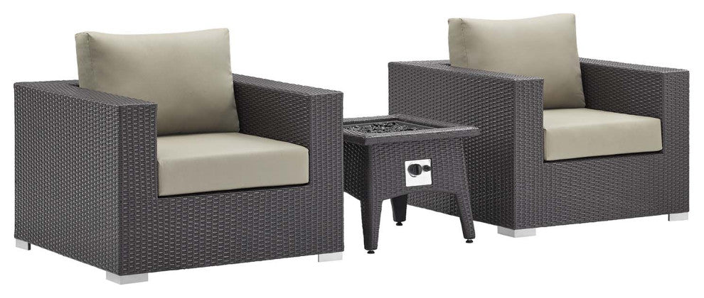 Convene 3 Piece Set Outdoor Patio with Fire Pit Espresso Beige