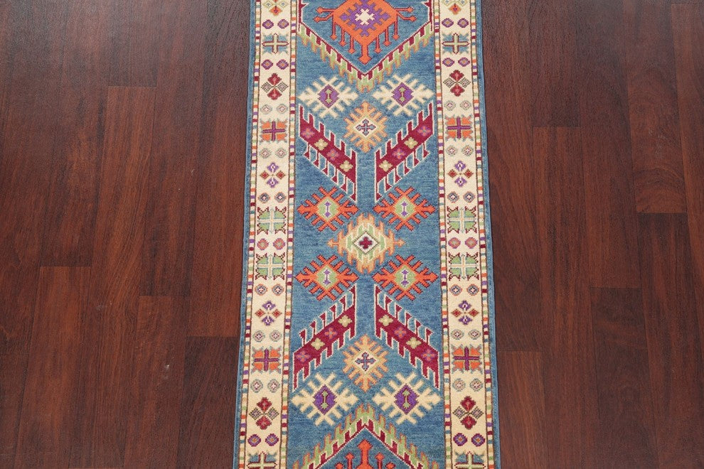 Kazak Oriental Hand-Knotted Traditional Pakistani Runner Rug, Blue, 5'10"X2'1"
