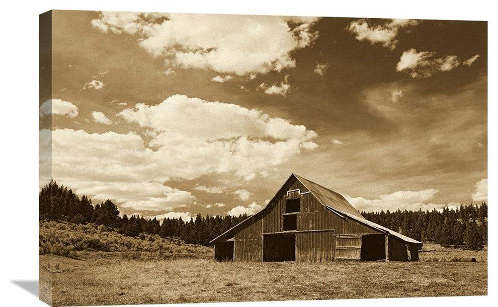 "Old red barn in pastoral landscape, Oregon - Sepia" Canvas Giclee, 30"x20"