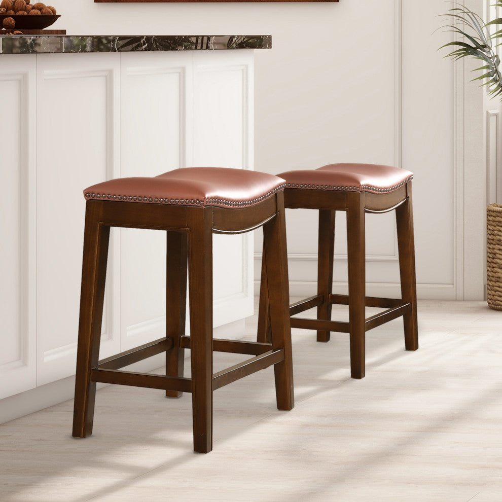 Barlow 24.5" Top Grain Leather Backless Saddle Counter Stool, Bourbon Brown
