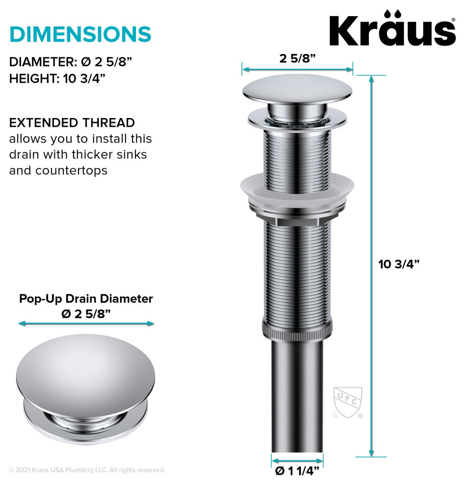 Pop Up Drain With Extended Thread, Chrome