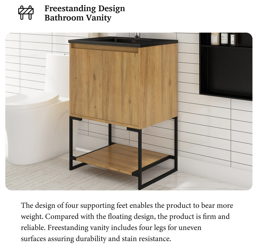 24" Freestanding Bath Vanity, Black Quartz Top, Oak