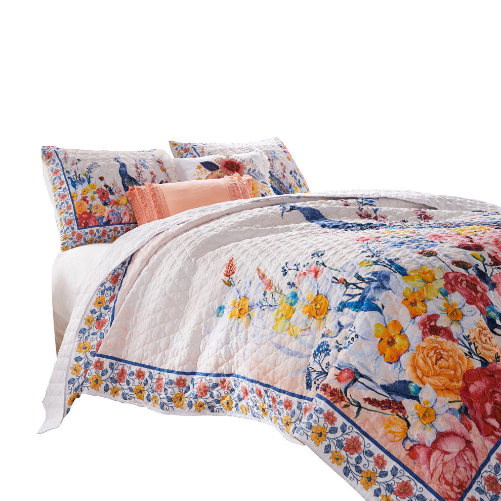 Benzara BM280421 3 Piece Full Quilt Set, Peacock, Floral Print, Multicolor
