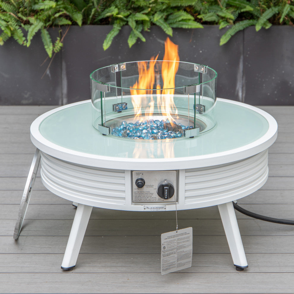 Leisuremod Walbrooke Patio Round Fire Pit Table With Aluminum Slats Frame, White