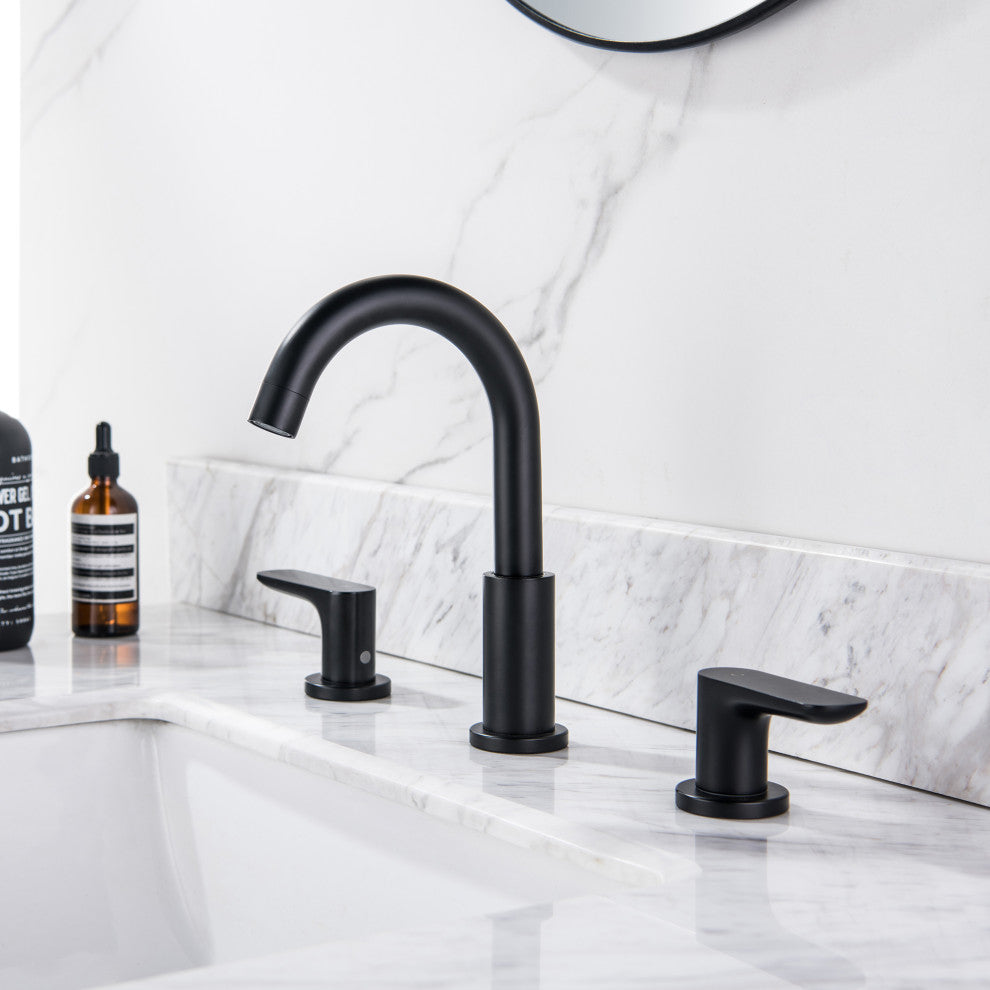 Deck Mounted Dual Handles High-Arc Widespread Bathroom Faucet, Matte Black