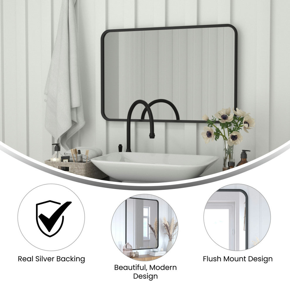 Jada Decorative Wall Mirror with Rounded Corners, Matte Black, 24" X 36"