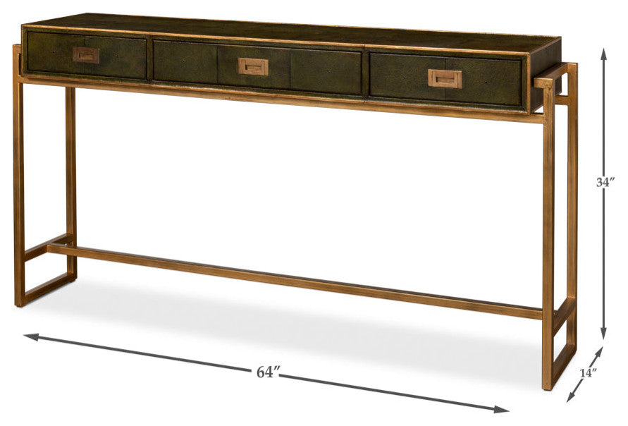Shagreen Console Table With Drawers Leaf Green Leather