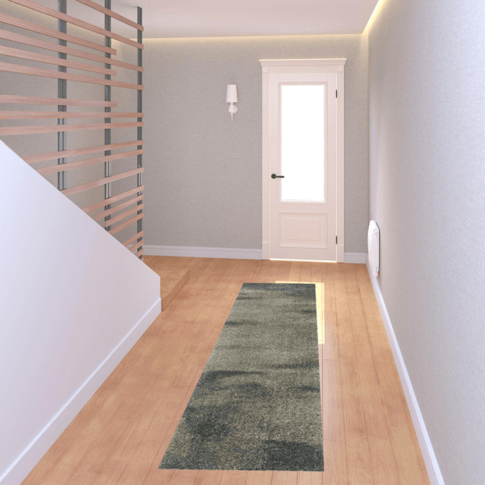 8' Runner Grey and Teal Blue Abstract Power Loom Runner Rug