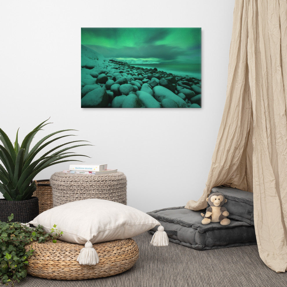 Aurora Borealis Over Ocean Night Seascape Landscape Photo Canvas Wall Art Print, 24" X 36"